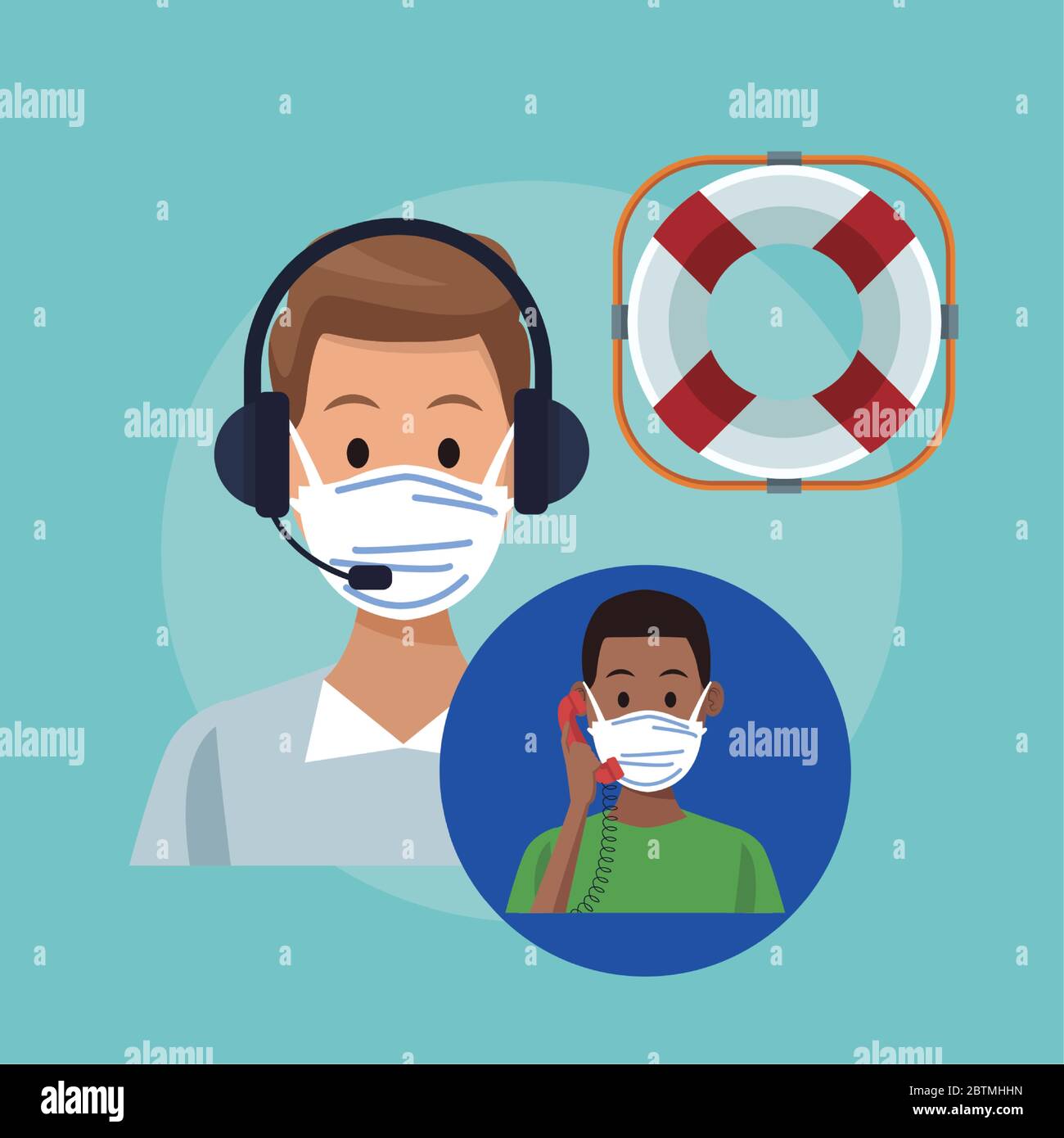 call center sostenere il lavoratore maschile indossando maschera medica Illustrazione Vettoriale