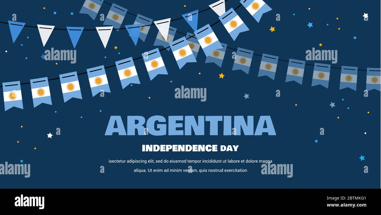 Bandiere argentine che si battono su sfondo notturno. Bandiera per indipendenza o giorno della rivoluzione. Sfondo per il biglietto di auguri, poster, Web Banner Design. Illustrazione Vettoriale