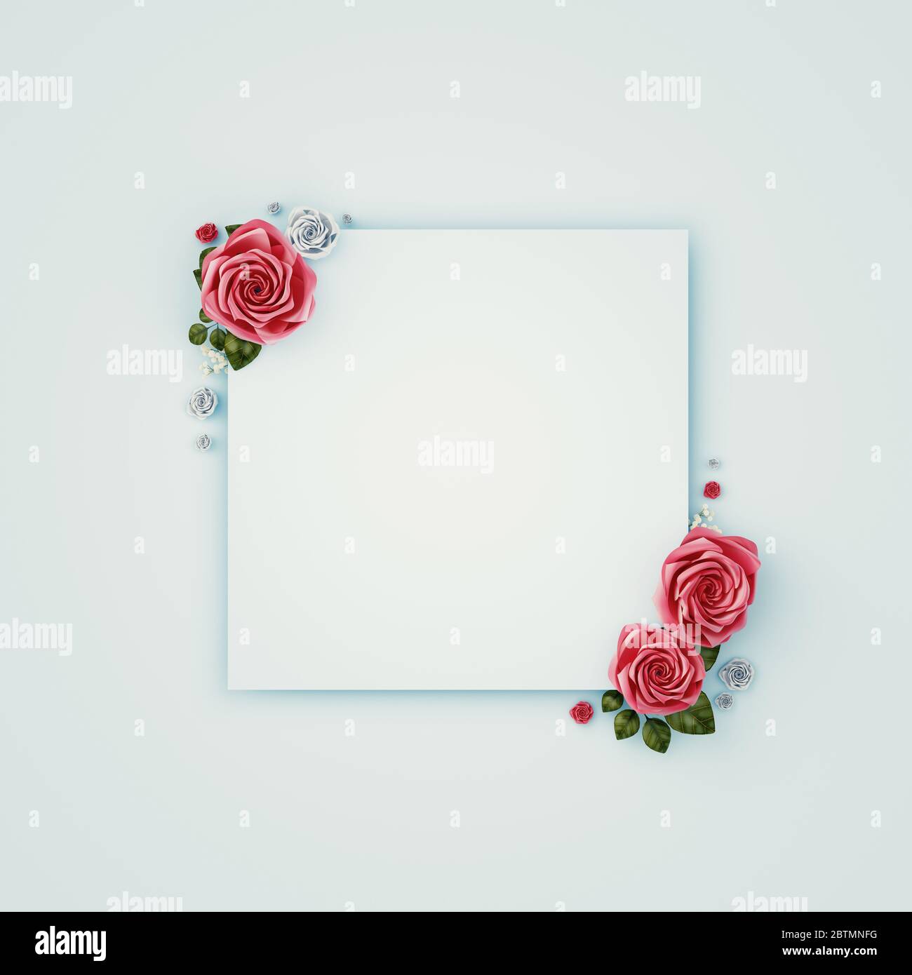 Composizione dei fiori. Carta bianca, fiori rosa su sfondo rosa pastello. Disposizione piatta, vista dall'alto, spazio per la copia, quadrato. rendering 3d Foto Stock