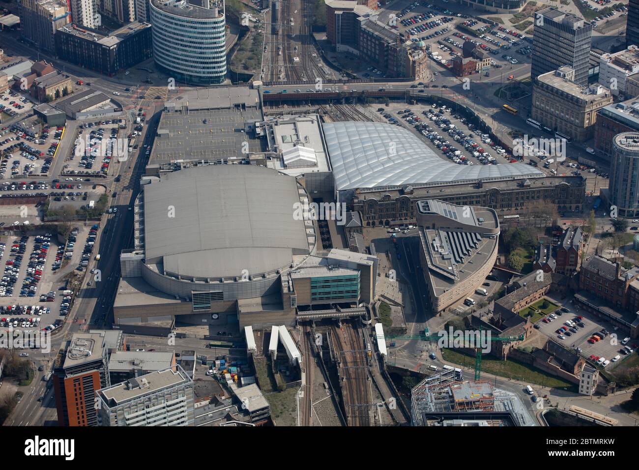Vista aerea della Manchester Arena e della stazione di Manchester Victoria Foto Stock