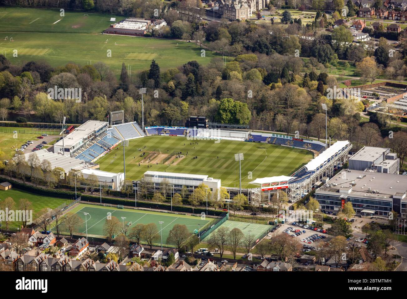 Veduta aerea del campo da cricket dei Giardini di Sophia a Cardiff, Galles Foto Stock