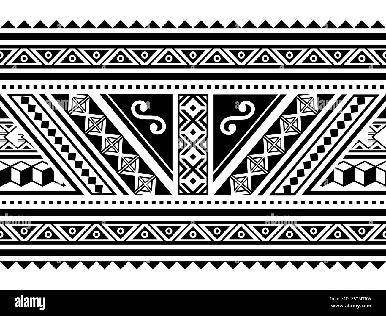 Modello orizzontale lungo vettoriale senza giunture geometriche polinesiane, design tribale hawaiano ispirato all'arte del tatuaggio Maori Illustrazione Vettoriale