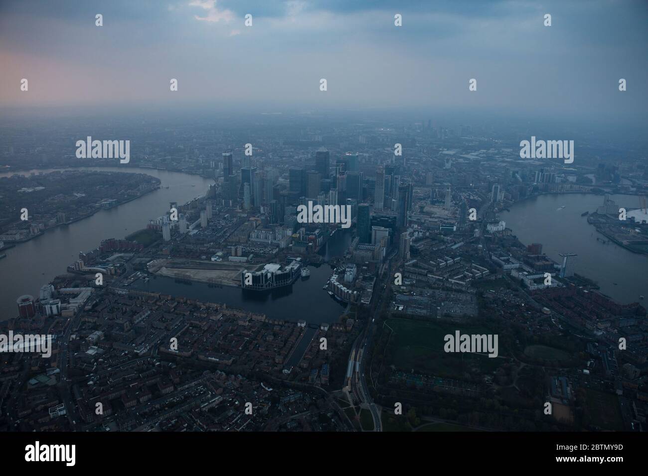 Vista aerea di Canary Wharf e dell'Isola dei cani, Londra UK Foto Stock