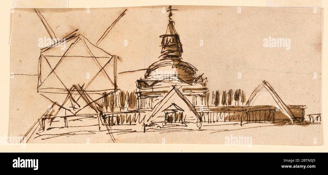 Mausoleo. Ricerca in ProgressIl mausoleo è una struttura circolare, con una cupola e un obelisco in cima. Il recinto è costituito da colonnati che collegano piramidi di cui tre sono mostrati. Gli alberi fiancheggiano il mausoleo. A sinistra è presente un piano di ettari collegato agli angoli di una stella di Davide. Foto Stock