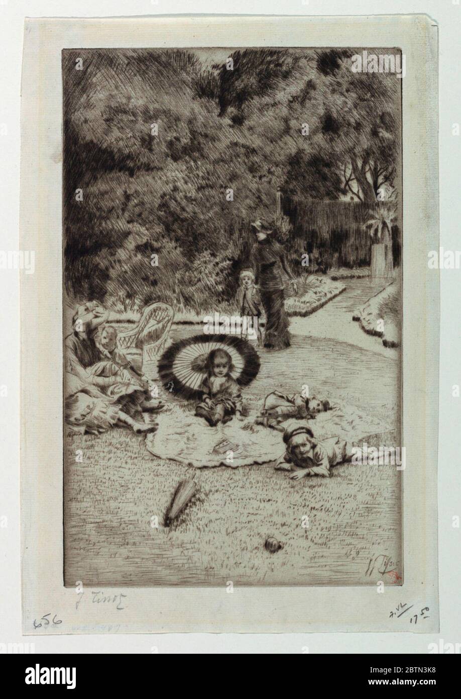 Festa del Giardino dei bambini. Ricerca nel giardino Progressa con una donna seduta sull'erba, a sinistra. Quattro bambini seduti e reclinati, da sinistra a destra. Una donna e un ragazzino che camminano sullo sfondo. Foto Stock