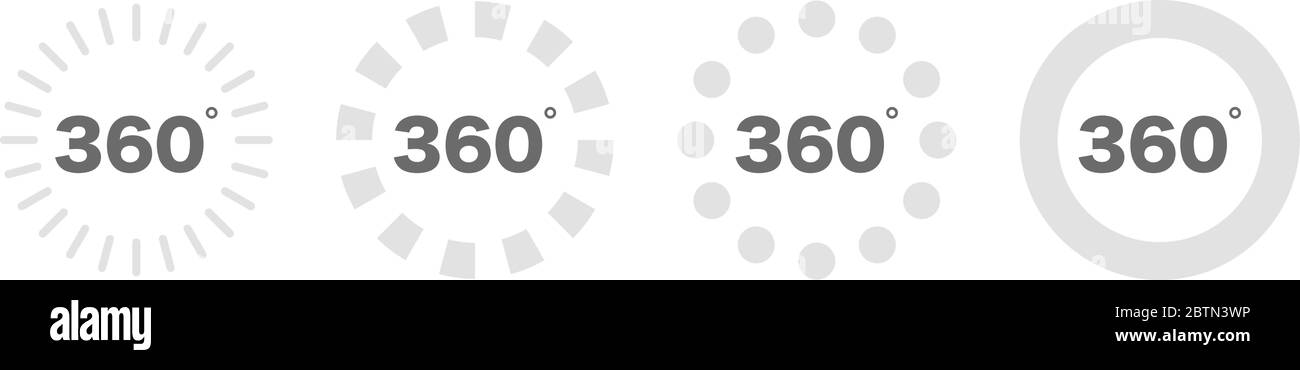 Viste a 360 gradi impostare l'icona. 360 visualizza il simbolo. Set di icone di caricamento. Illustrazione Vettoriale Illustrazione Vettoriale