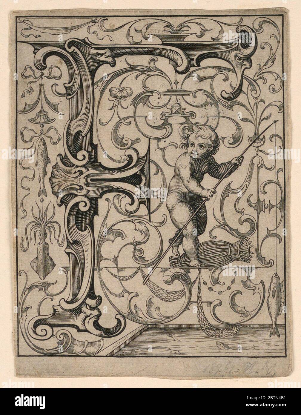 Pannello con la lettera F dei nuovi ABC Bechlein. Ricerca in ProgressFishing ragazzo ('Fishen'). Foto Stock