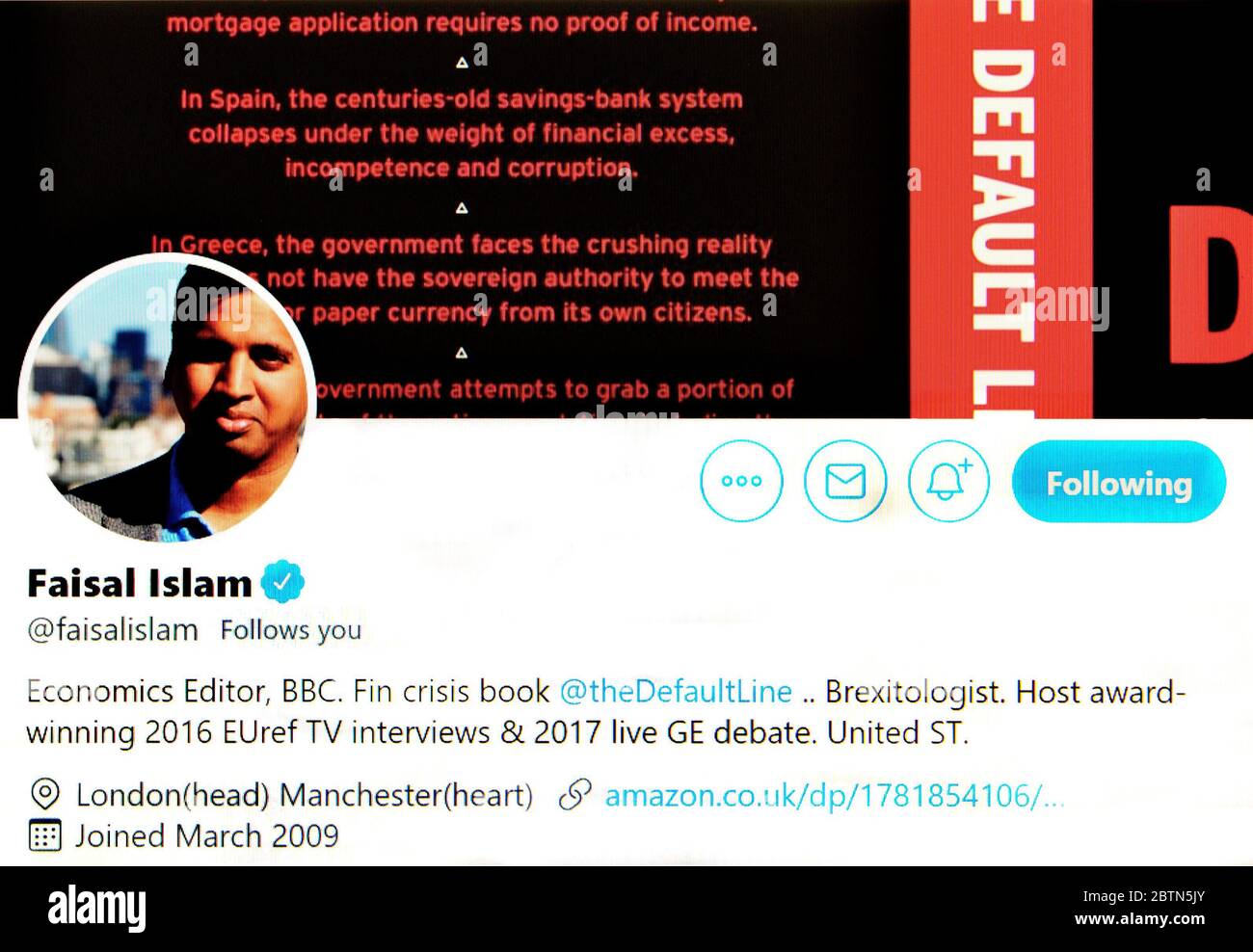 Pagina Twitter (Maggio 2020) Faisal Islam - BBC News Economics Editor Foto Stock