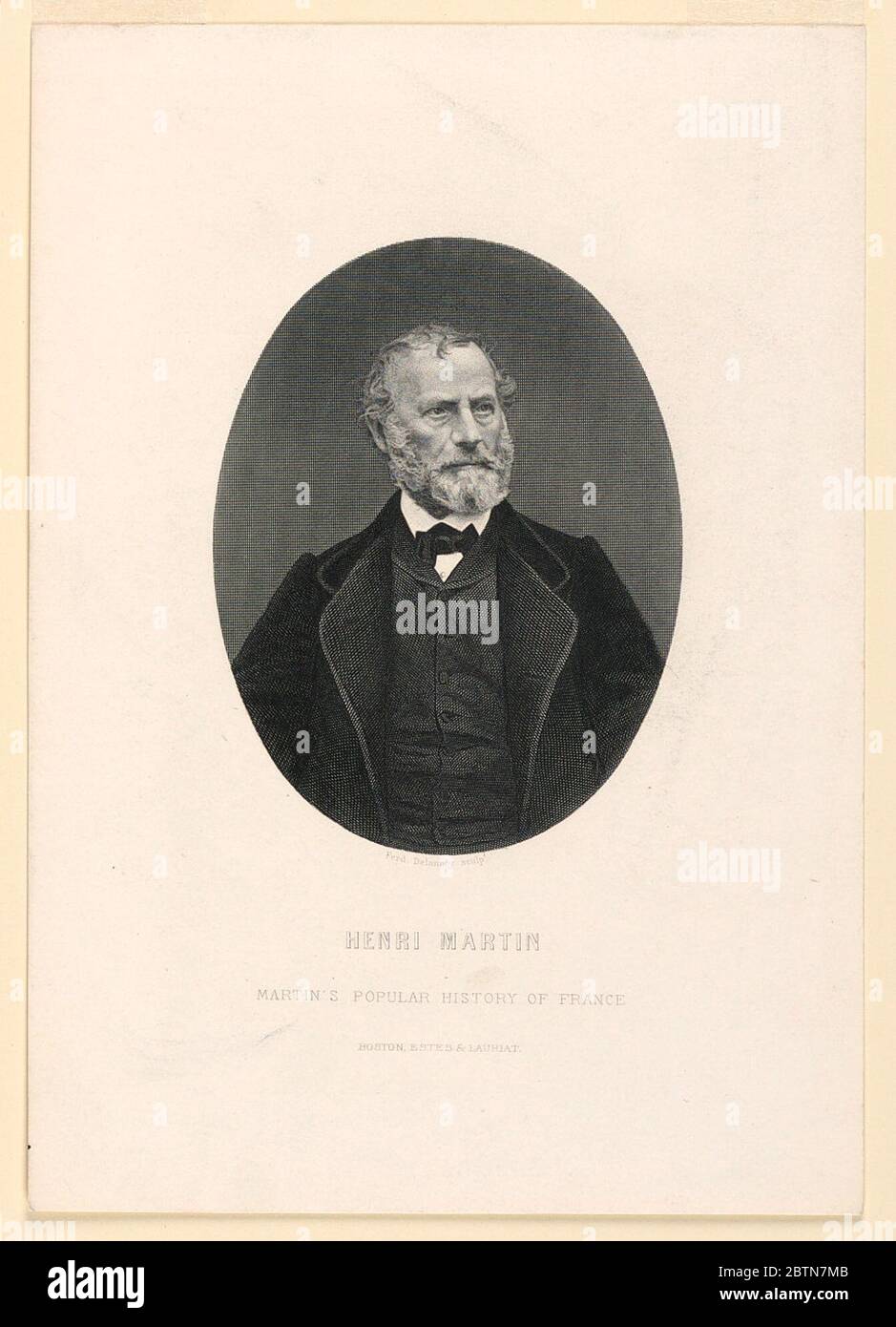 Ritratto di Henri Martin. Research in ProgressWithin un ovale è un ritratto a mezza lunghezza dello storico francese Henri Martin (1810-1883), mostrato rivolto frontalmente, il suo sguardo rivolto verso destra. Indossa una barba corta e una cravatta nera. Illustrazione della "Storia popolare della Francia" di Martin. Foto Stock