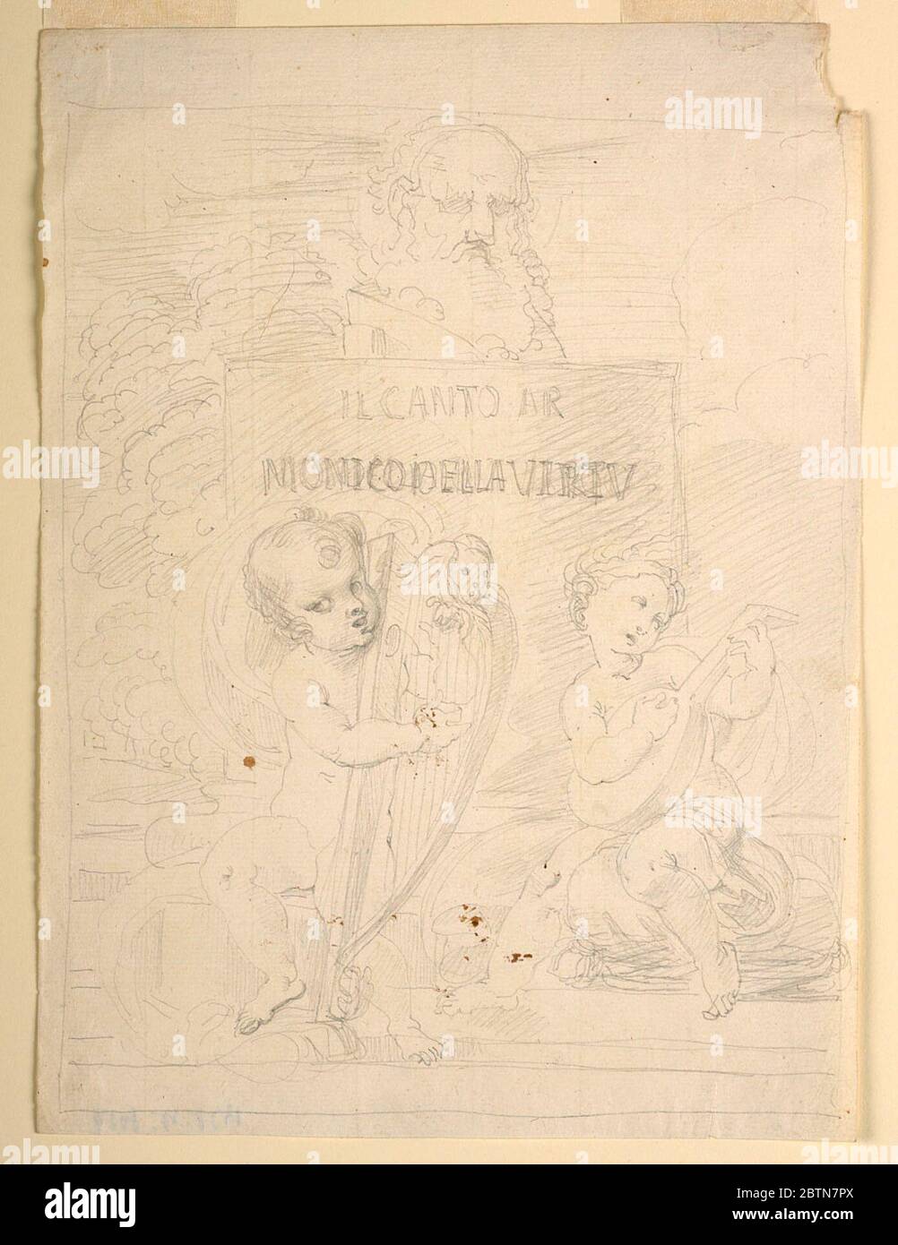 Possibile progettazione di una pagina del titolo. Ricerca in ProgressGuanti bambine siedono alla base di un monumento e cantano, una suonando l'arpa, l'altra la chitarra. Quest'ultimo si trova su un cuscino. Foto Stock