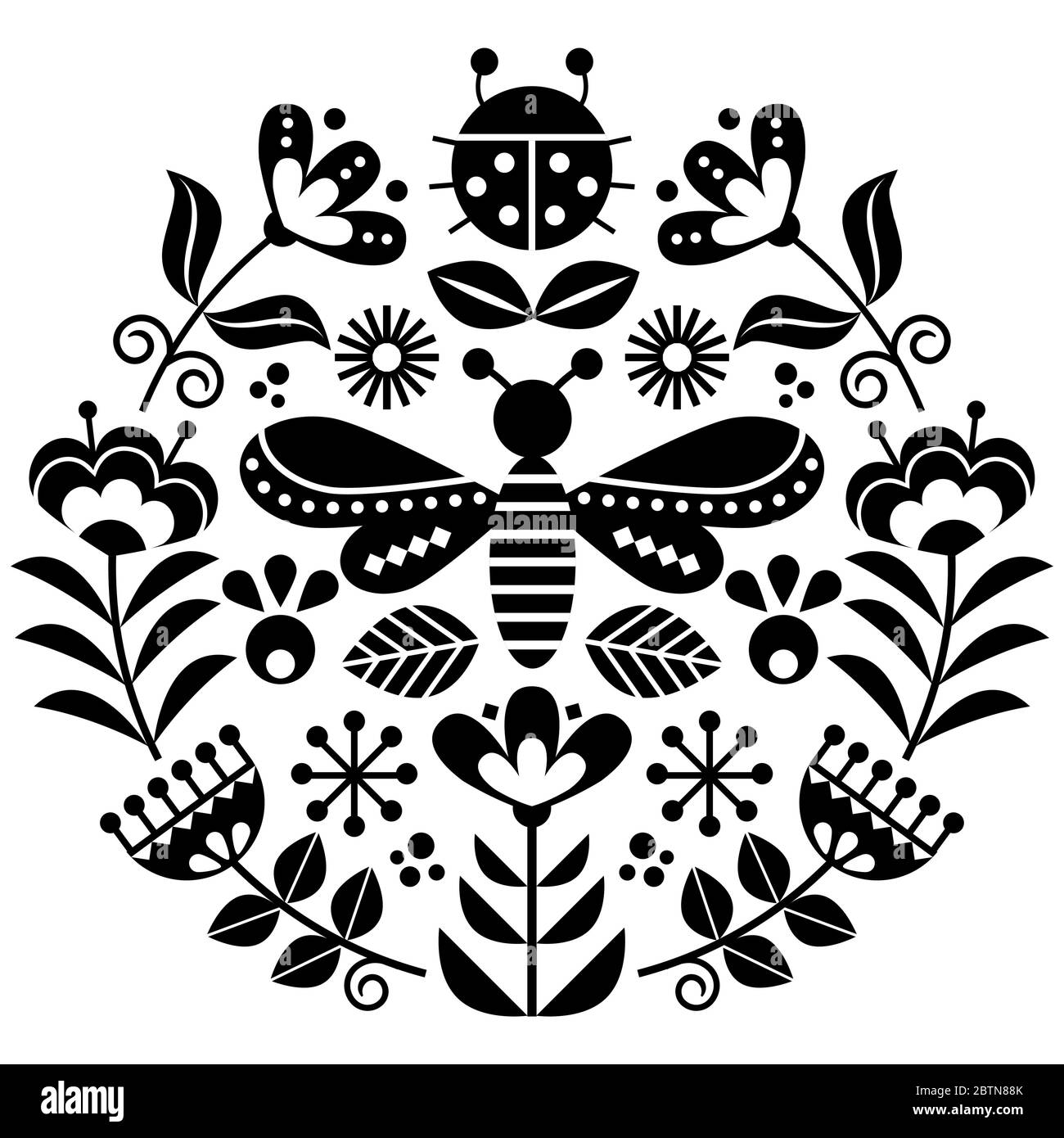 Disegno vettoriale dei fiori folcloristici scandinavi, carino motivo floreale monocromatico con insetti, ladybird e mosca ispirato da ricami tradizionali svedesi, No Illustrazione Vettoriale