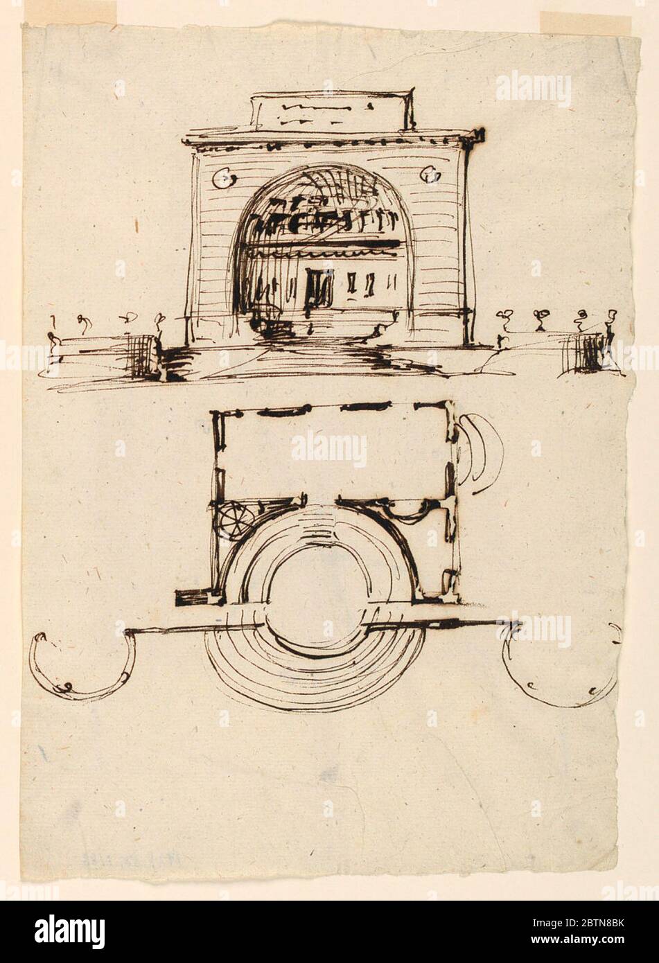 Progetto per un punto di costruzione de vue in un parco. Ricerca in ProgressAbove, l'elevazione. I gradini curvi portano ad una nicchia semicircolare tagliata nella maggior parte di un façade. Le panchine sono nelle nicchie e una porta conduce nella stanza posteriore. Fiancheggiata da statue. Foto Stock