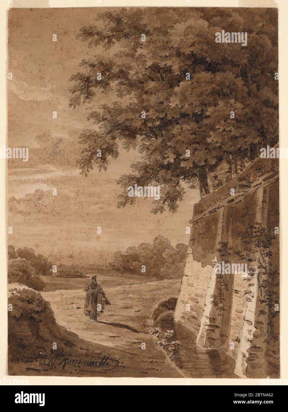 Il saluto. Ricerca in ProgressIll'angolo di una terrazza del parco è a destra, la cui volontà sorge da un fossato. Una strada si ala intorno al suo piede. Un uomo si alza su di esso guardando o parlando con una donna sulla terrazza. Tiene la mano nella mano sinistra. Foto Stock