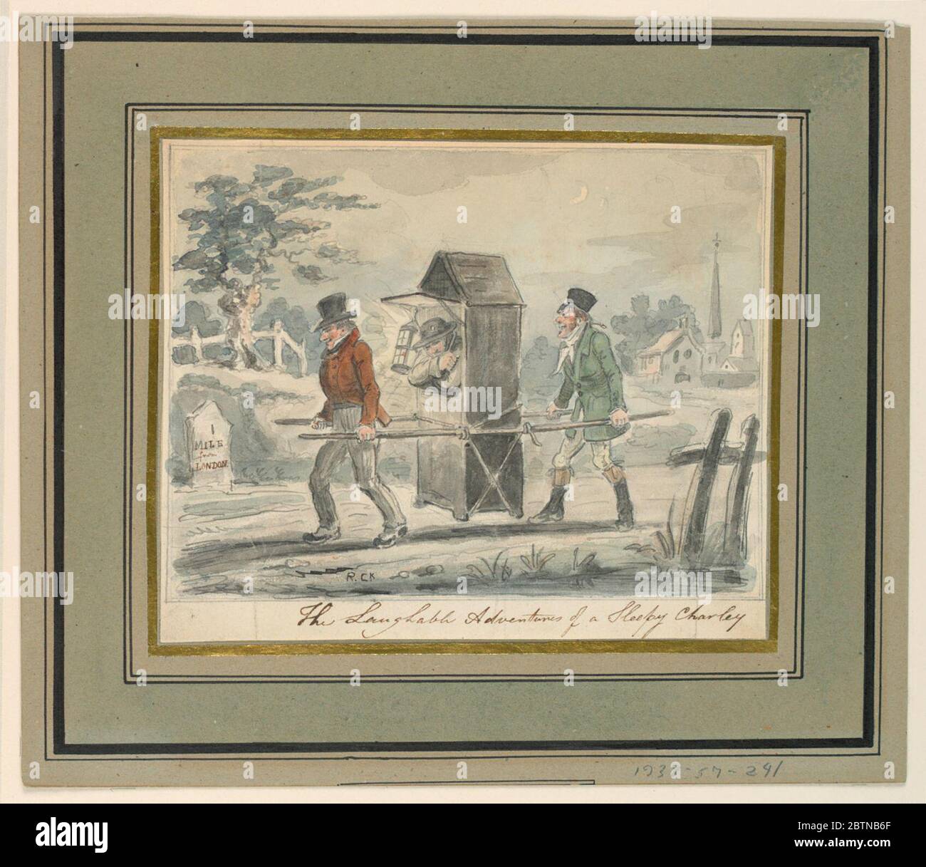 Illustrazione le avventure ridibili di un Sleepy Charley. Ricerca in ProgressOutdoor scena, di notte. Un uomo in una sedia berlina, essendo portato da due altri verso sinistra. Foto Stock