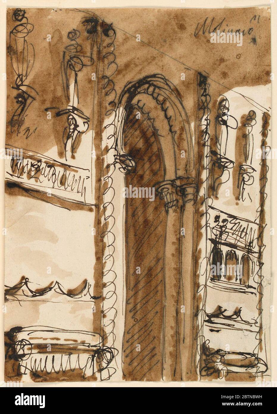 Ali laterali in un'impostazione di palco. Ricerca in ProgressBeside la porta è due panche coperte di cuscini. Le pareti sono decorate sotto con un bordo di cresting invertito, sopra il quale è quello che più probabilmente sembra essere il porticato di una finestra. Parzialmente sopra di esso è un fregio, a sinistra. Foto Stock