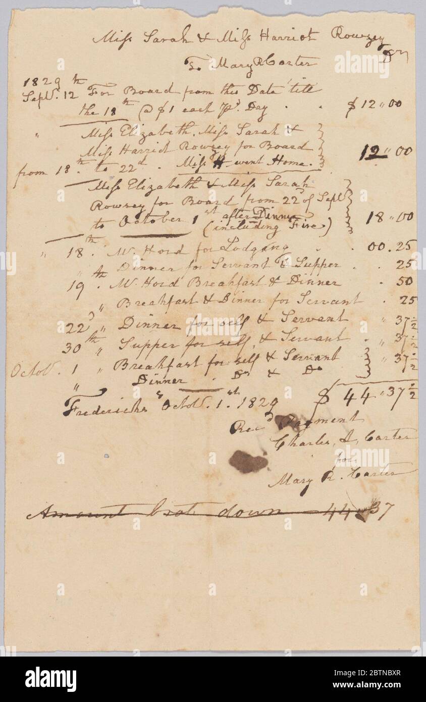 Fattura e ricevuta per camera e consiglio di Sarah e Harriet Rouzee e servo. Questo documento è tratto da una raccolta di documenti finanziari relativi alle operazioni di piantagione di diverse generazioni della famiglia Rouzee nella contea di Essex, Virginia. Foto Stock