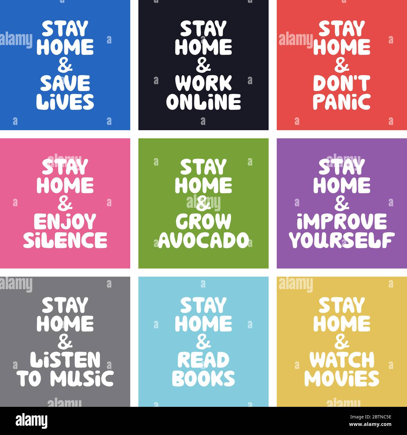 Una collezione di banner colorati parla di attività domestiche durante la quarantena. Rimani a casa e salvare vite, lavorare online, non prendere panico, godere silenzio, leggere Illustrazione Vettoriale