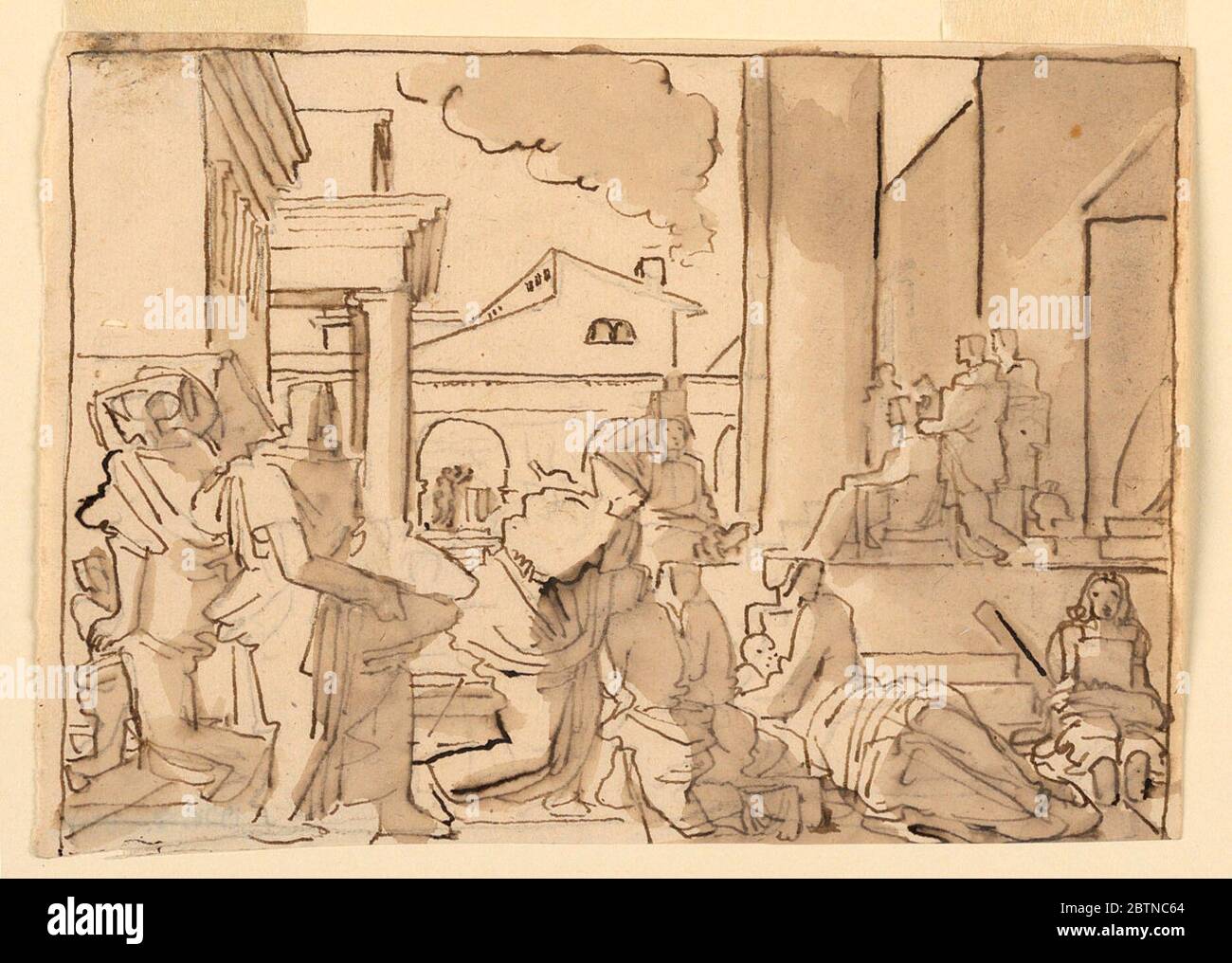 Disegnare l'esterno urbano con l'architettura classica e le figure drappate. Ricerca in ProgressSketch, esterno urbano con architettura classica e figure drappate. Leader seduto al centro a destra, con supplicant (?) figure al centro inferiore con figura reclinabile con bambino nelle vicinanze. Foto Stock