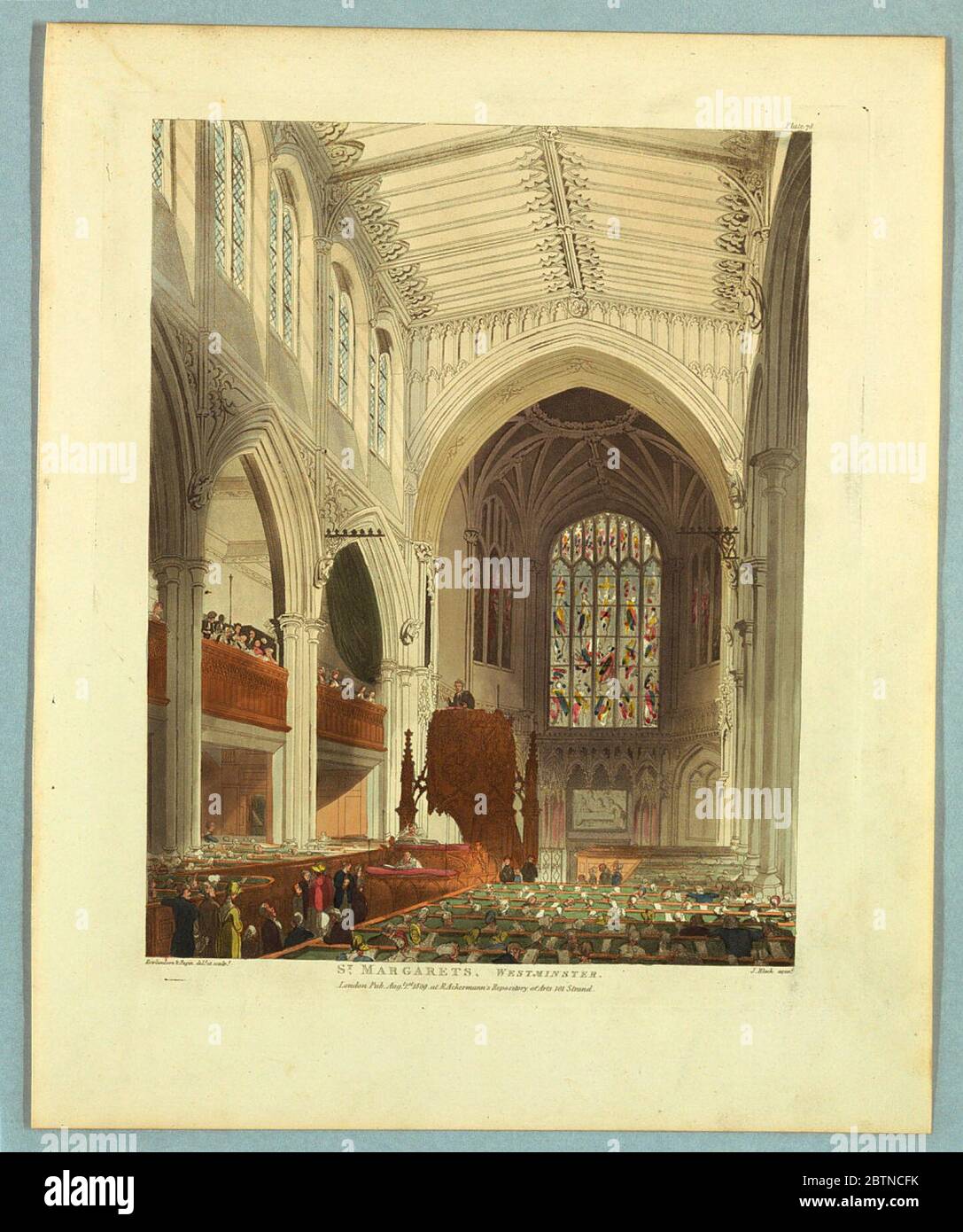 St Margarets Westminster dal repository di Ackermanns. Ricerca in ProgressGothic interno di una cappella, visto da destra dell'ingresso. Le pedine sono riempite. Pulpito al centro sinistro. Vetrata sopra l'altare. Titolo, artisti e nomi dell'editore qui sotto. Foto Stock