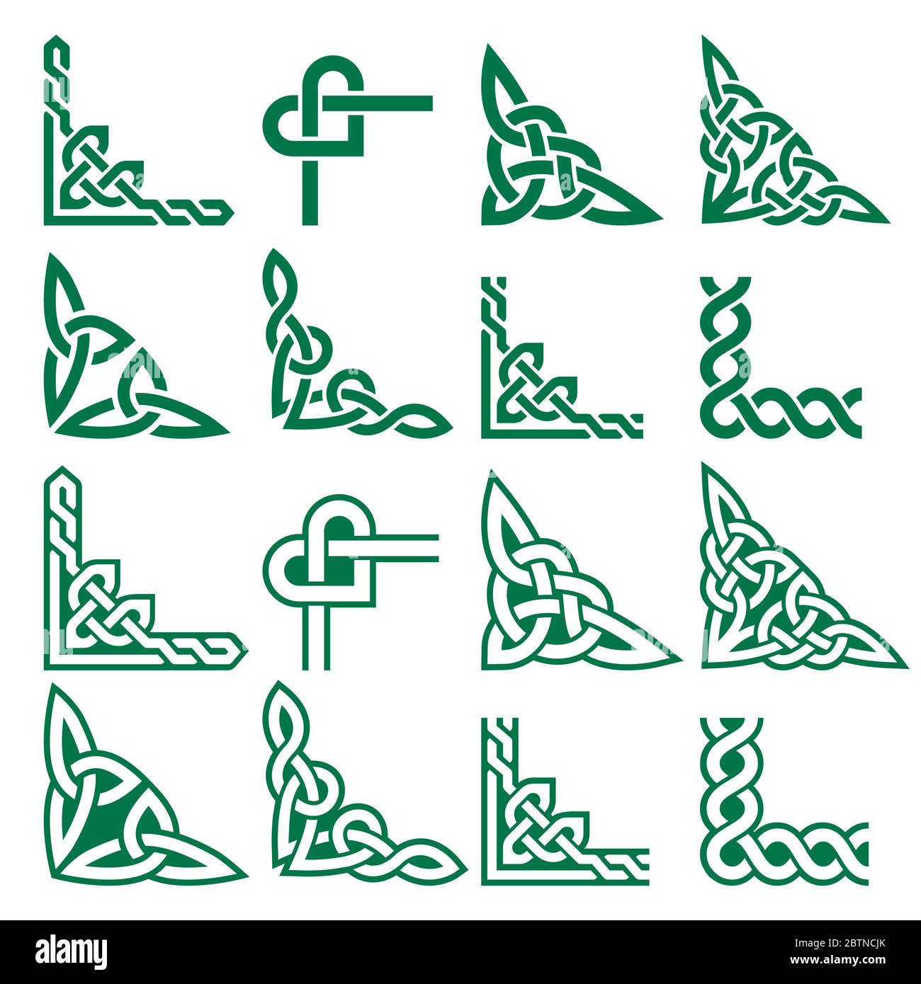 Set di design Irish Celtic Vector Corners, motivi con struttura verde intrecciata - biglietto di auguri ed elementi di design invititoni Illustrazione Vettoriale
