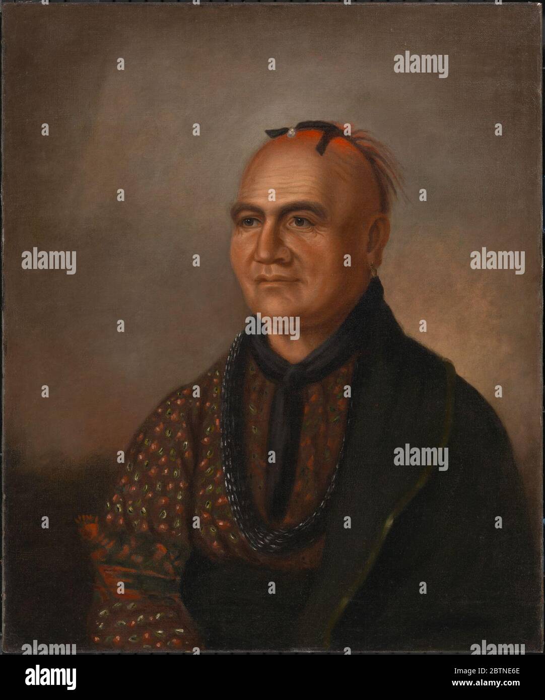 Thayendanegea Joseph Brent. Nato Canajoharie, Mohawk Valley, il capo di guerra indiano di New YorkMohawk Thayendanegea (che si era convertito al cristianesimo sotto il nome di Joseph Brent), un protégé inglese e un colonnello nell'esercito britannico, fu strumentale nel convincere gli Irochesi a prendere le armi contro l'America Foto Stock