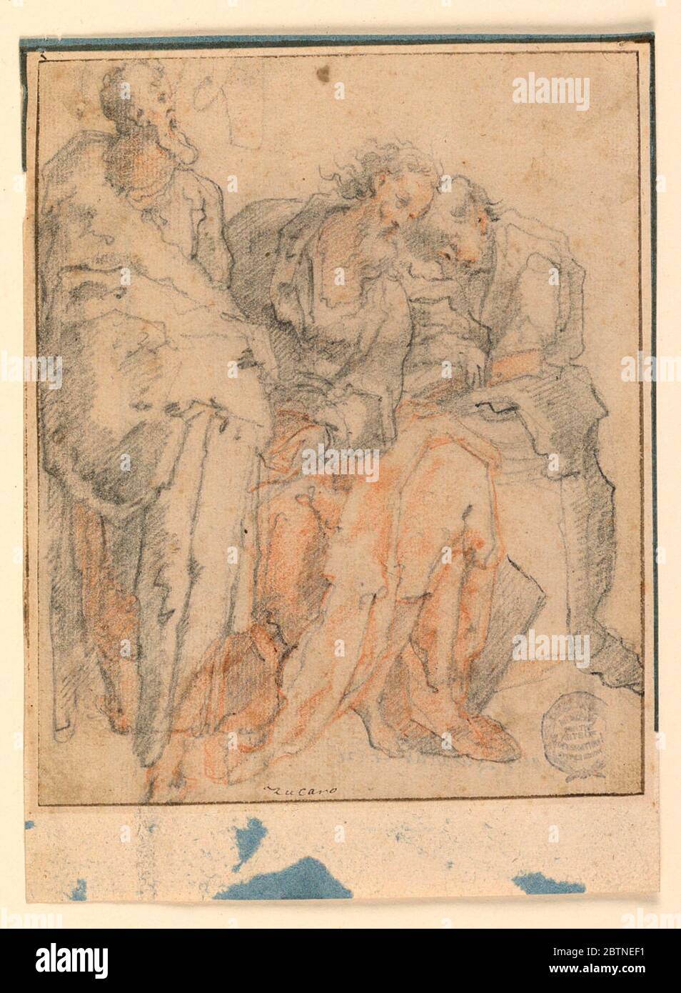 Tre Apostoli. Ricerca in ProgressTwo apostoli seduti con libri nelle loro mani dormono, appoggiandosi l'uno contro l'altro. Un altro in piedi a sinistra è mostrato de faccia, con la testa girata in profilo verso destra. Foto Stock