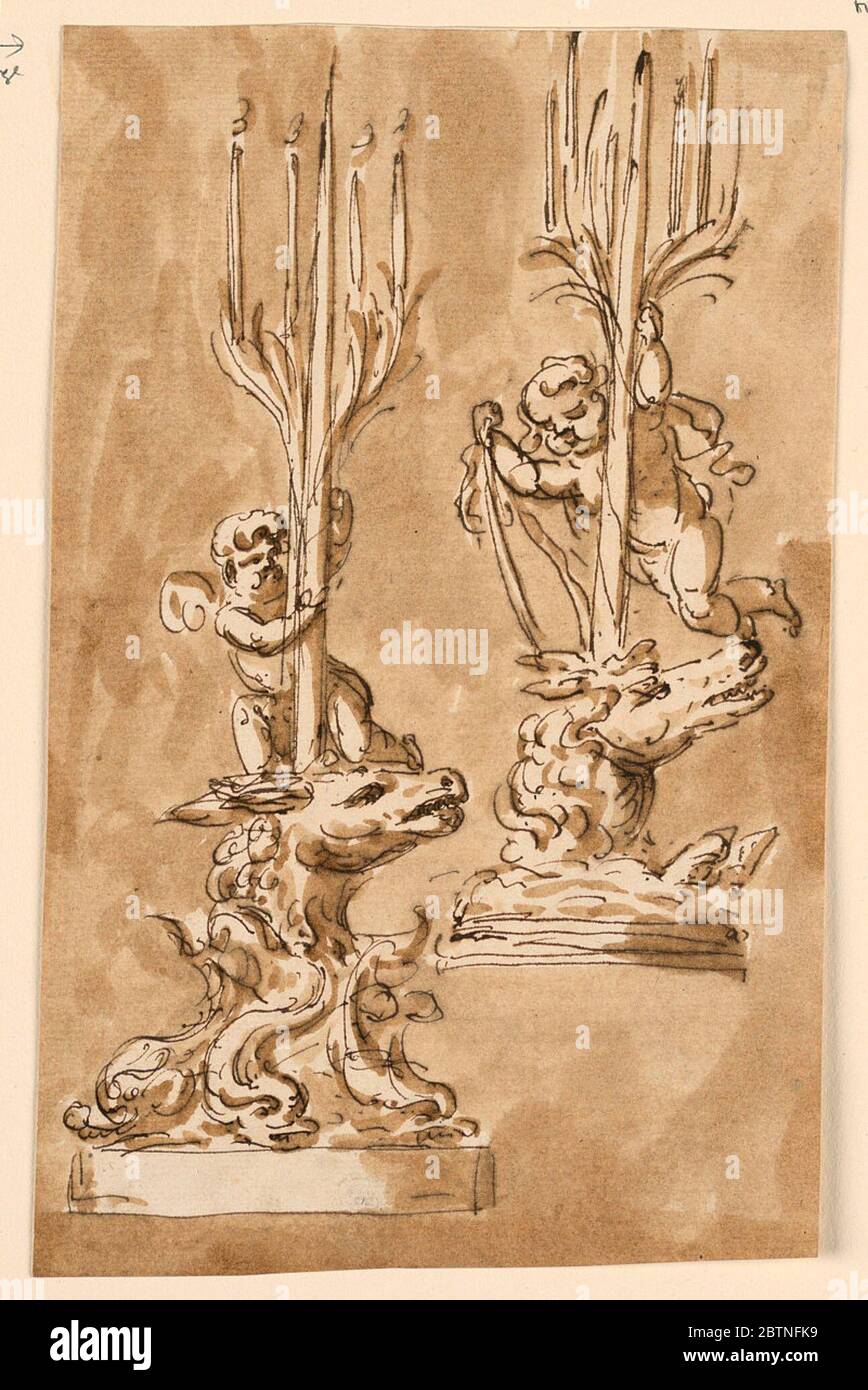 Due candeline. Ricerca in ProgressAt a sinistra: Sotto è una pianta. Da una fila di delfini a coda eretta sgorga la testa di un cavallo, su cui si inginocchia un putto, supportando un gambo dal quale scaturiscono quattro foglie, ciascuna supportante una candela bruciante. A destra: Sotto è una base rotonda. Foto Stock