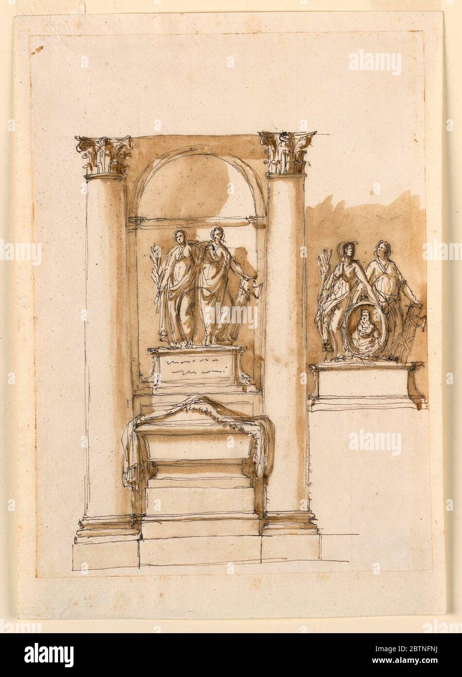 Due monumenti. Ricerca in ProgressIl contesto architettonico e lo schema della parte inferiore sono variazioni di -1352. La parte superiore del sarcofago è coperta da un panno frangiato. Sopra è presente un piedistallo basso e largo, la cui tavoletta anteriore è destinata all'iscrizione. Foto Stock