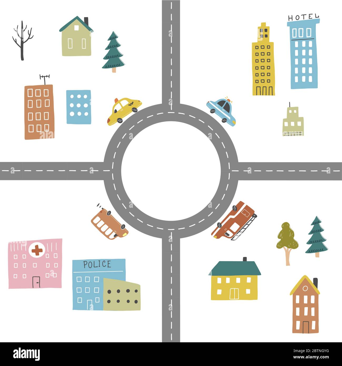 Cartoon cute mappa per bambini con auto, strada, città elementi paesaggistici. Auto, costruzione, strada di disegno a mano, stile giocattolo per bambini. Illustrazione vettoriale. Illustrazione Vettoriale