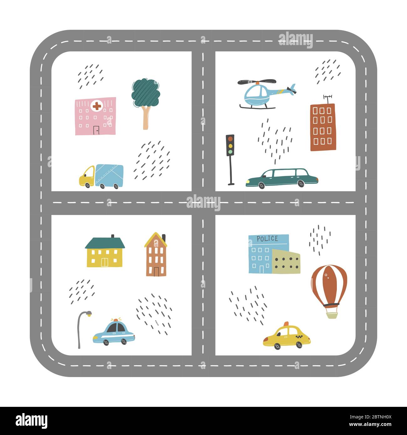 Cartoon cute mappa per bambini con auto, strada, città elementi paesaggistici. Auto, costruzione, strada di disegno a mano, stile giocattolo per bambini. Illustrazione vettoriale. Illustrazione Vettoriale