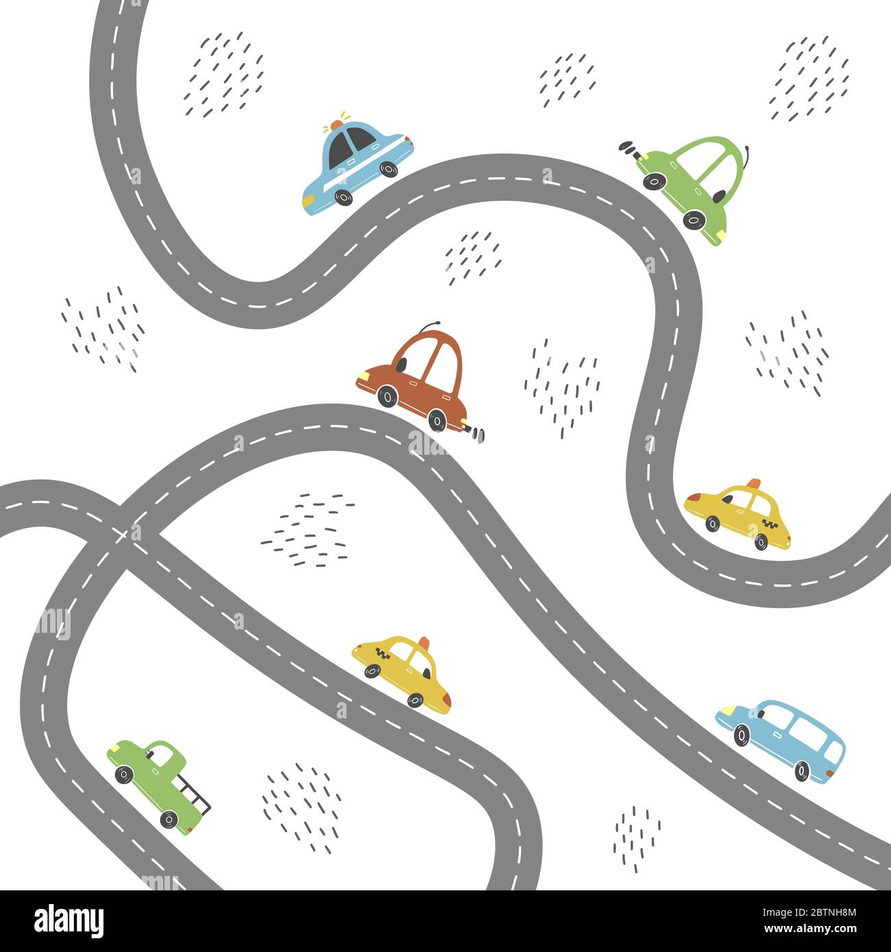 Cartoon cute mappa per bambini con auto, strada, città elementi paesaggistici. Auto, costruzione, strada di disegno a mano, stile giocattolo per bambini. Illustrazione vettoriale. Illustrazione Vettoriale