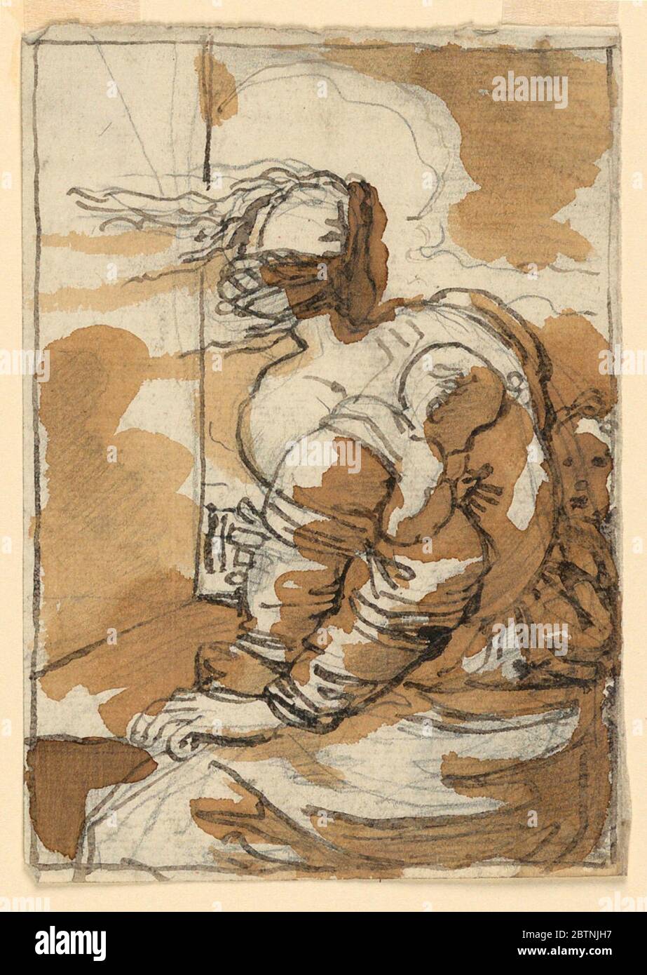 La Vergine col Bambino e San Giovanni Battista. Ricerca in ProgressLa Vergine si siede vicino ad una finestra, la testa si girò verso San Giovanni. Il Bambino si appoggia contro il braccio sinistro, guardando San Giovanni Battista. Linea di framing. Foto Stock