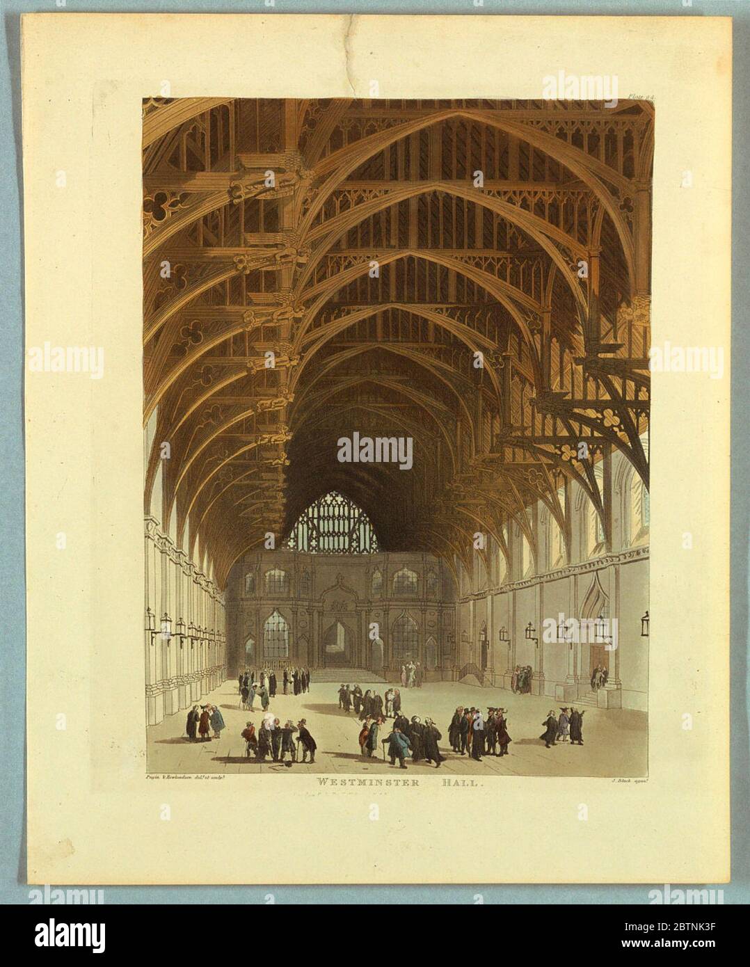 Westminster Hall dal repository di Ackermanns. Ricerca in ProgressStone pareti e pavimento. Travi in legno sopra, con angeli scolpiti. Gli uomini in gruppi conversano nella sala. Titolo, artisti e nomi dell'editore qui sotto. Foto Stock