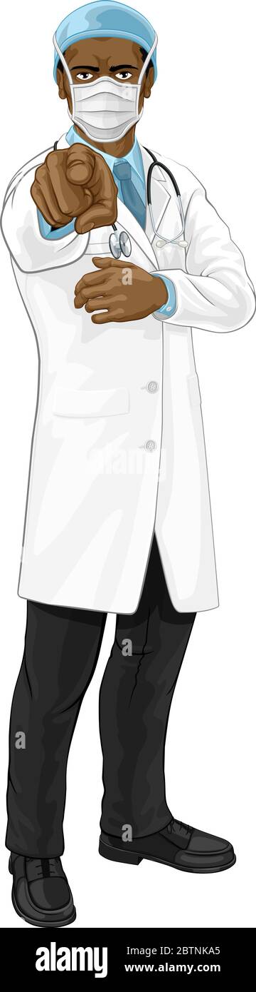 Medico in maschera PPE che punta ha bisogno di voi Illustrazione Vettoriale