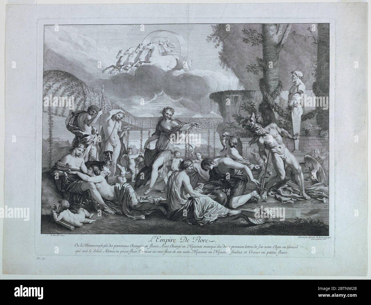 Lempire de Flore. Ricerca in ProgressIn un giardino, Flora è visto con le sue mani-maidine. Aurora nel suo carro nei cieli. Nella scena sono anche Ajax, Hyacinthe, Clyte, Adonis e Narcissus. Foto Stock