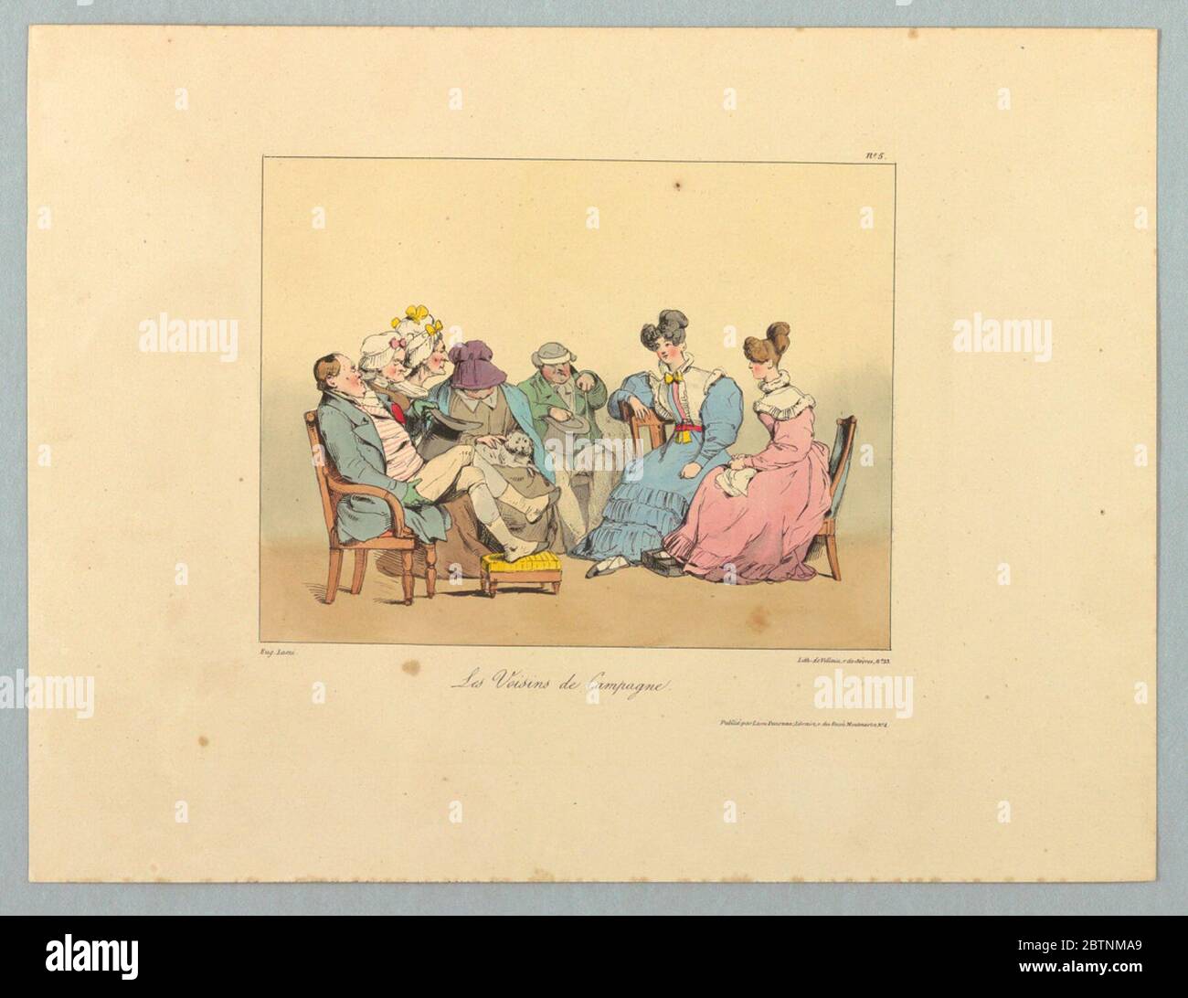 Les Voisins de Campagne. Ricerca in ProgressFive persone anziane sedute a sinistra, una con un cane a giro. Due giovani donne, destra, anche seduti, di fronte a loro. Titolo, nomi degli artisti e nomi degli editori qui sotto. Foto Stock