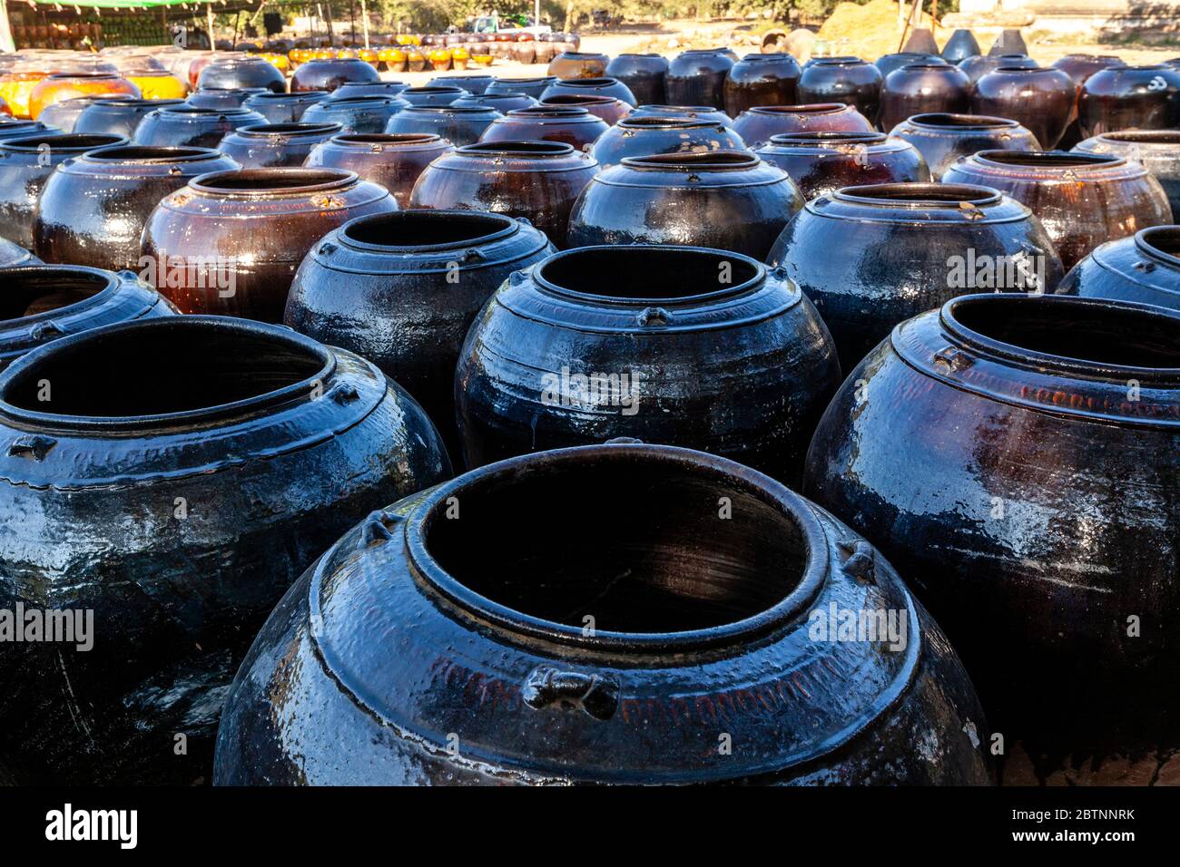 Grandi Pot in ceramica per stoccaggio fuori Ananda Temple, Bagan, Regione Mandalay, Myanmar. Foto Stock