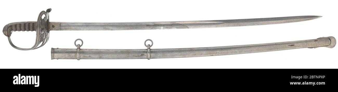 La spada di Mameluke è stata presentata al Capt George Garrison dal 55° Massachusetts. Una spada e una scabarda incise mameluke presentati al capitano George T. Garrison dalla 55a fanteria del Volontario del Massachusetts. La lama in acciaio è leggermente curva e presenta disegni incisi su entrambi i lati. Foto Stock