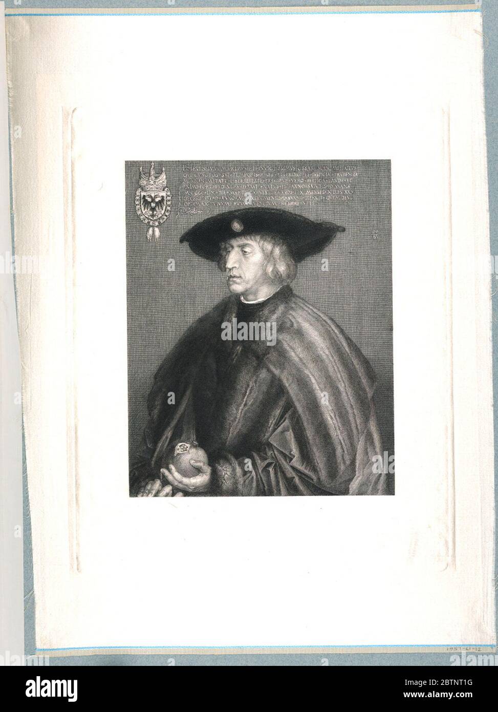 Massimiliano I. Ricerca in ProgressDurer ritratto dell'Imperatore Massimiliano i (1459-1519) a Vienna nel 1519. Il sitter visto frontalmente, girò un quarto a sinistra. Indossa un cappello a ciottoli e tiene un melograno nella sua mano destra. Foto Stock