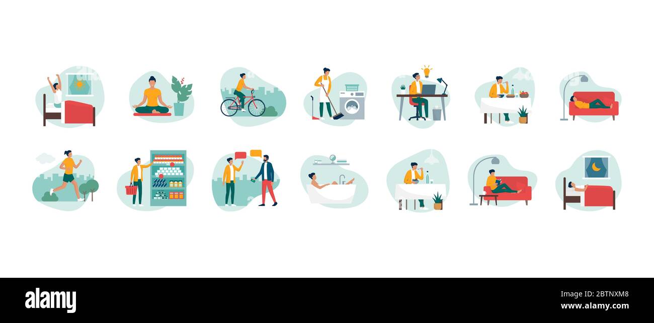 Routine quotidiana, compiti e attività di una donna felice efficiente, sano stile di vita concetto Illustrazione Vettoriale