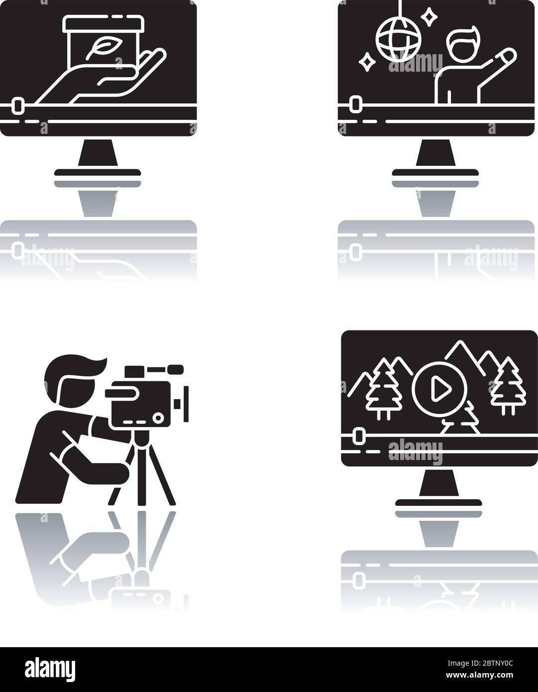 Filmmaking e videografia Drop ombra glyph nero icone set Illustrazione Vettoriale