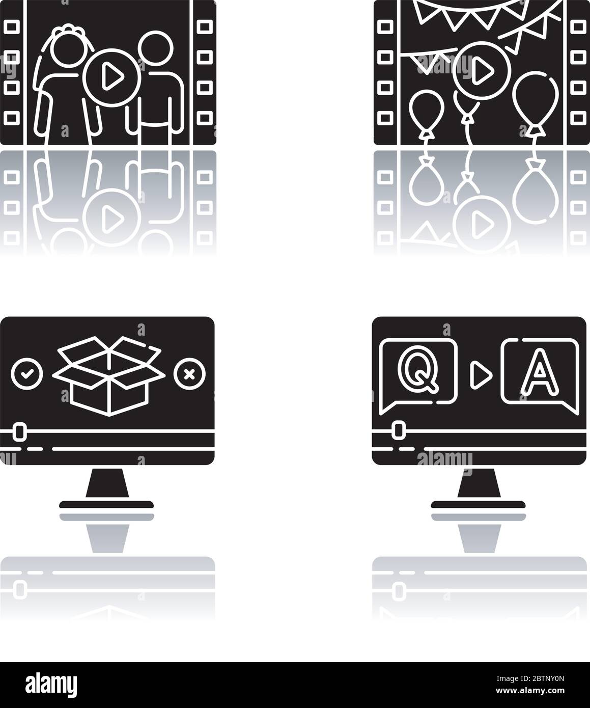 Contenuto video ombra nero glifo icone set Illustrazione Vettoriale