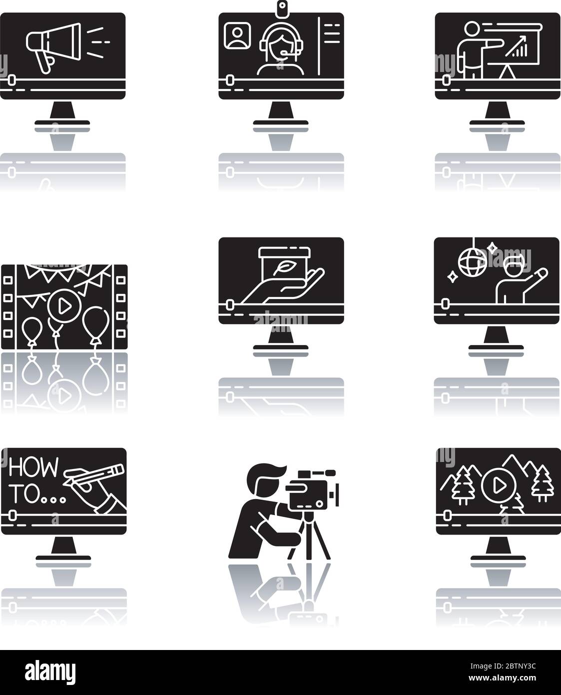 Set di icone glifo nero con ombra per la videografia Illustrazione Vettoriale