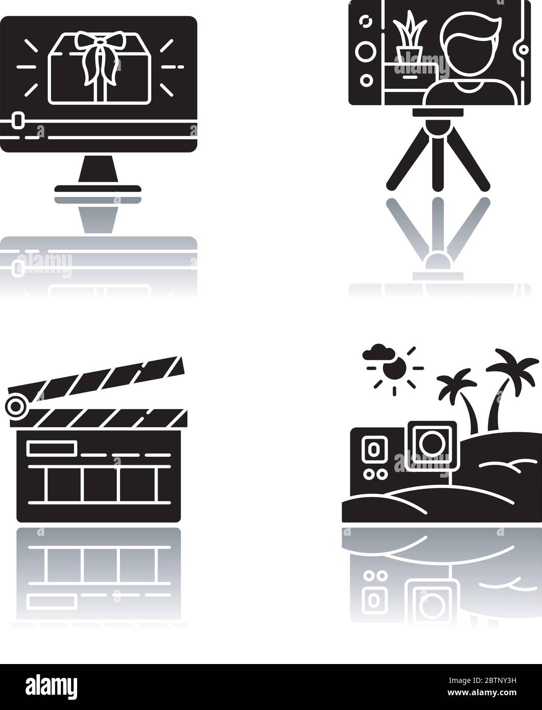 Filmmaking e blogging Internet goccia ombra glyph nero icone set Illustrazione Vettoriale