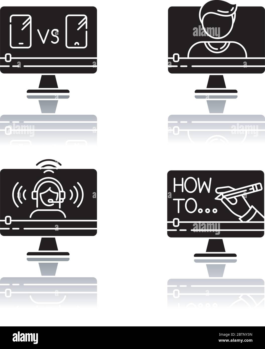 Video online guardando ombra goccia nero glyph icone set Illustrazione Vettoriale