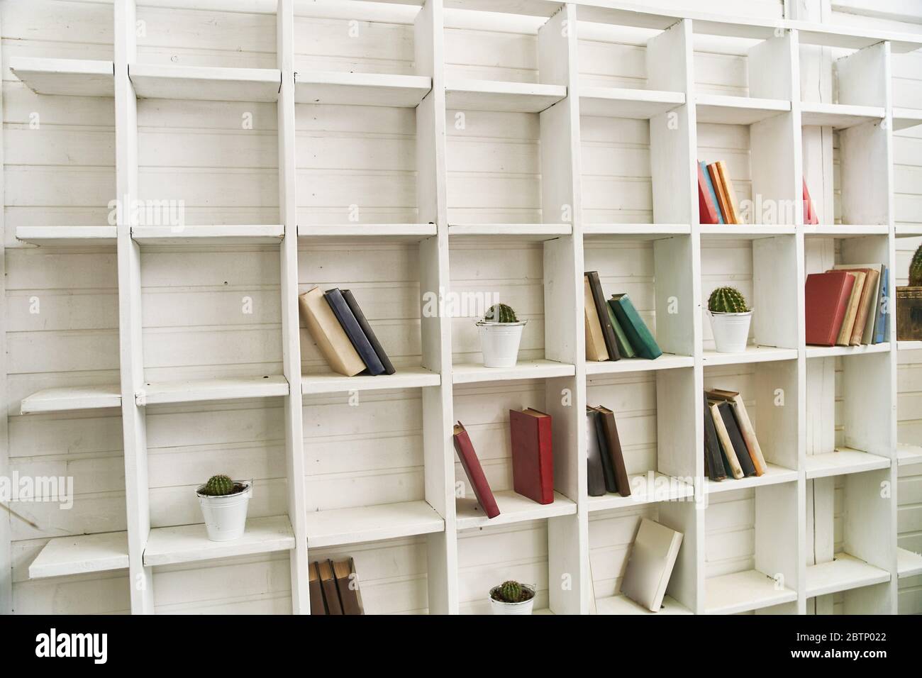 Ripiani in legno bianco con libri antichi. Libreria in legno. Foto Stock