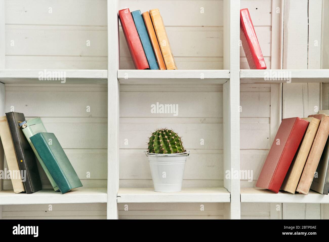 Ripiani in legno bianco con libri antichi. Libreria in legno. Foto Stock