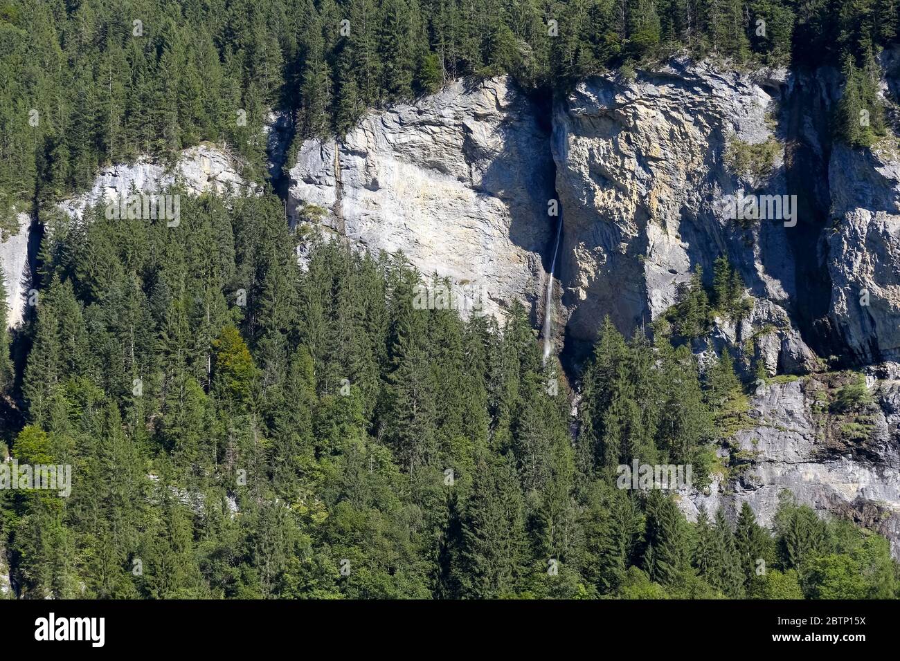 Le montagne alpine si trovano in Svizzera, come si vede da Lauterbrunnen. Si tratta di montagne rocciose e boscose dove si possono trovare meravigliose cascate Foto Stock