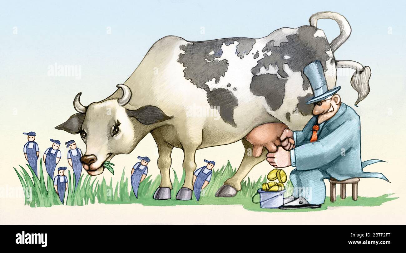 Un uomo ricco consuma risorse del mondo rappresentate da un finanziere che munga una mucca con disegnato il mondo sul mantello Foto Stock