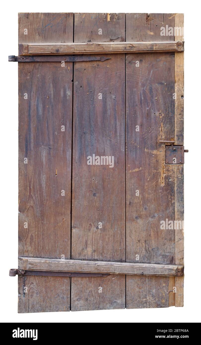 Vecchia porta di legno ricurva rosso di capanna villaggio. Isolato su bianco Foto Stock